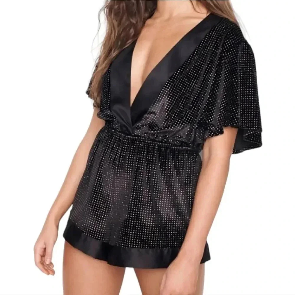 Victoria's Secret black velvet deep V neck romper small
